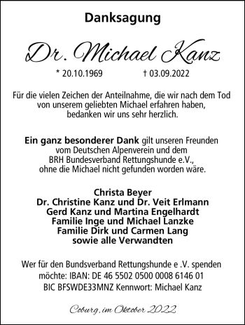 Traueranzeige von Dr.Michael Kanz von Neue Presse Coburg