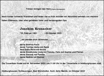 Traueranzeige von Joachim Kronacher von Südthüringer Presse