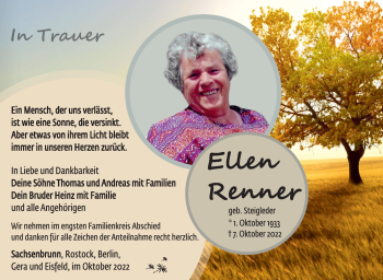 Traueranzeige von Ellen Renner von Südthüringer Presse
