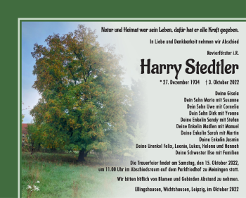 Traueranzeige von Harry Stedtler von Südthüringer Presse