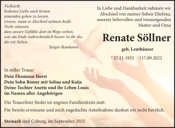 Traueranzeige von Renate Söllner von Südthüringer Presse