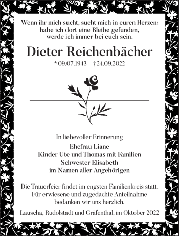 Traueranzeige von Dieter Reichenbächer von Südthüringer Presse
