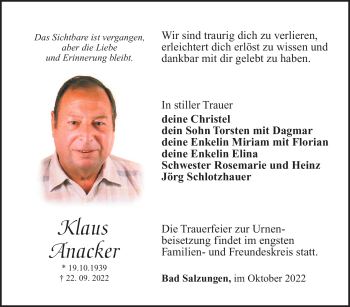 Traueranzeige von Klaus Anacker von Südthüringer Presse