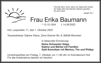 Traueranzeige von Erika Baumann von Frankenpost