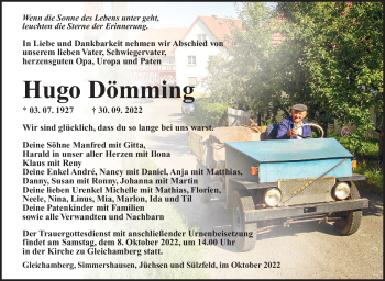 Traueranzeige von Hugo Dömming von Südthüringer Presse