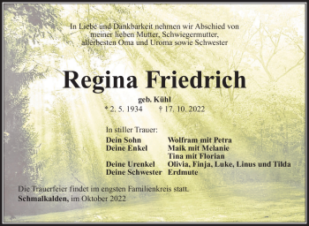 Traueranzeige von Regina Friedrich von Südthüringer Presse