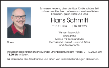 Traueranzeige von Hans Schmitt von Neue Presse Coburg