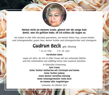 Traueranzeige von Gudrun Beck von Südthüringer Presse