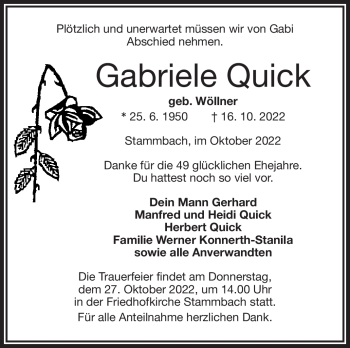 Traueranzeige von Gabriele Quick von Frankenpost