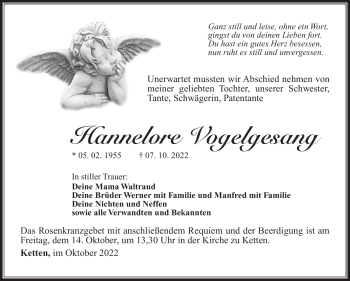 Traueranzeige von Hannelore Vogelsang von Südthüringer Presse
