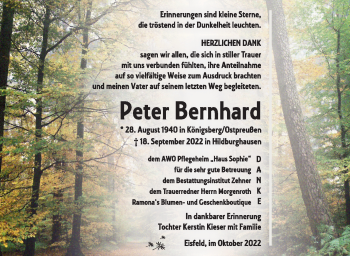 Traueranzeige von Peter Bernhard von Südthüringer Presse