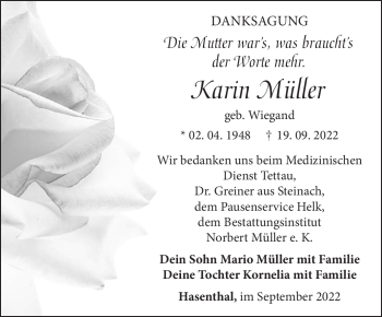 Traueranzeige von Karin Müller von Südthüringer Presse