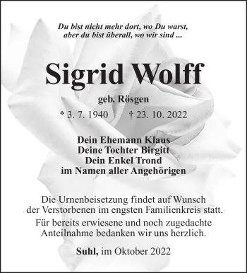 Traueranzeige von Sigrid Wolff von Südthüringer Presse