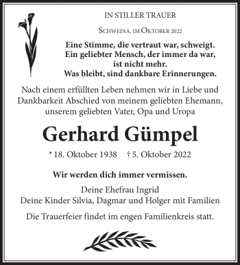 Traueranzeige von Gerhard Gümpel von Südthüringer Presse