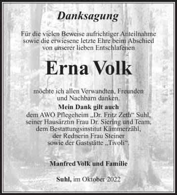 Traueranzeige von Erna Volk von Südthüringer Presse