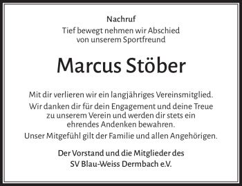 Traueranzeige von Marcus Stöber von Südthüringer Presse