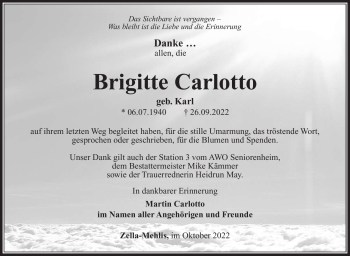 Traueranzeige von Brigitte Carlotto von Südthüringer Presse