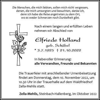 Traueranzeige von Elfriede Holland von Südthüringer Presse