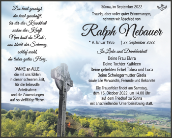 Traueranzeige von Ralph Nebauer von Südthüringer Presse