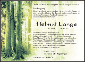 Traueranzeige von Helmut Lange von Südthüringer Presse