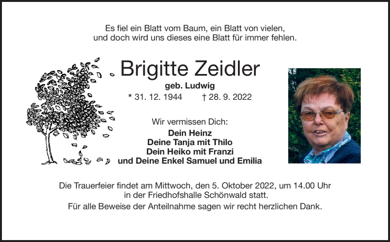  Traueranzeige für Brigitte Zeidler vom 01.10.2022 aus Frankenpost