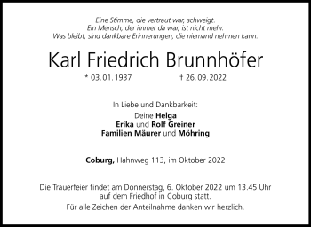 Traueranzeige von Karl Friedrich Brunnhöfer von Neue Presse Coburg