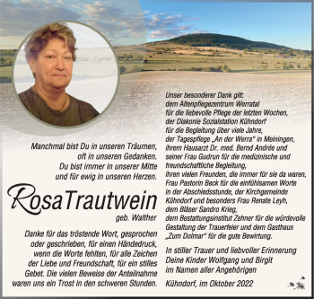 Traueranzeige von Rosa Trautwein von Südthüringer Presse