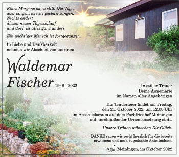 Traueranzeige von Waldemar Fischer von Südthüringer Presse