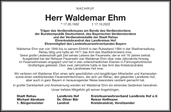 Traueranzeige von Waldemar Ehm von Frankenpost