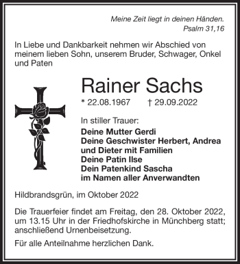 Traueranzeige von Rainer Sachs von Frankenpost