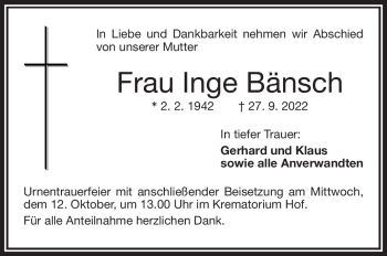 Traueranzeige von Inge Bänsch von Frankenpost
