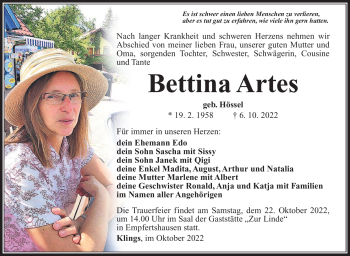 Traueranzeige von Bettina Artes von Südthüringer Presse