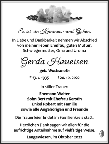 Traueranzeige von Gerda Haueisen von Südthüringer Presse