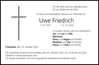 Traueranzeige von Uwe Friedrich von Neue Presse Coburg