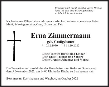 Traueranzeige von Erna Zimmermann von Südthüringer Presse