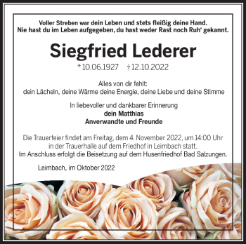 Traueranzeige von Siegfried Lederer von Südthüringer Presse