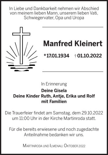 Traueranzeige von Manfred Kleinert von Südthüringer Presse