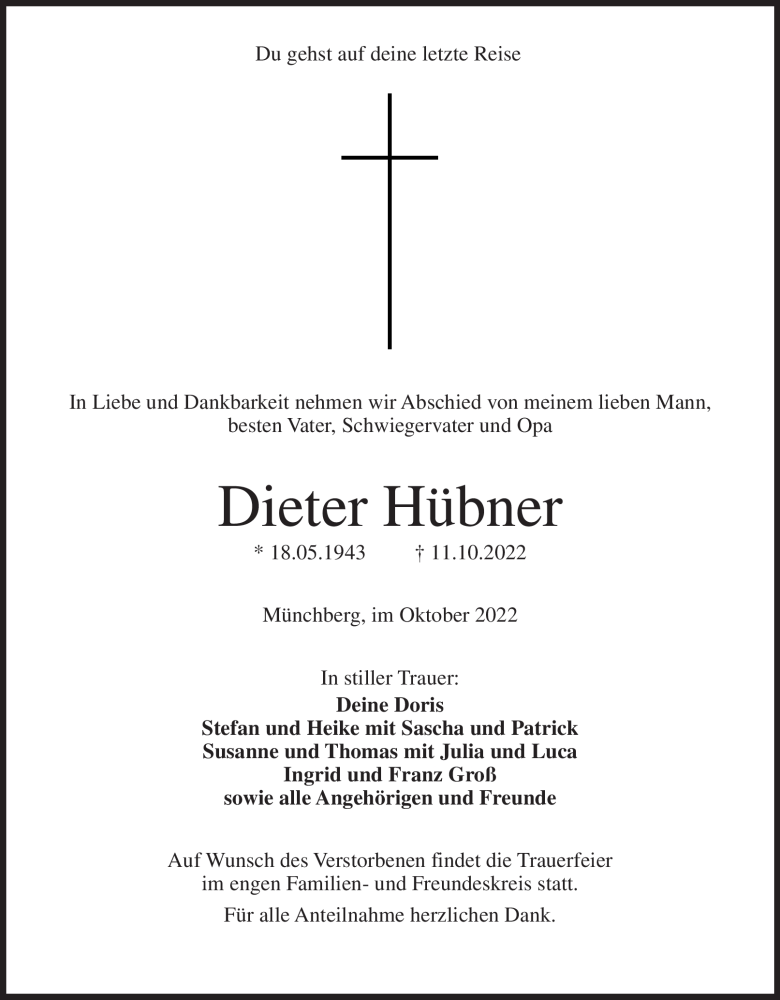 Traueranzeige für Dieter Hübner vom 22.10.2022 aus Frankenpost