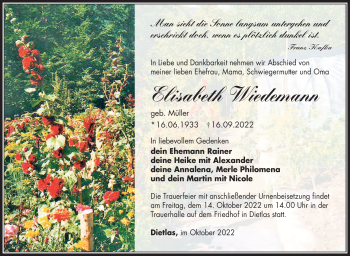 Traueranzeige von Elisabeth Wiedemann von Südthüringer Presse