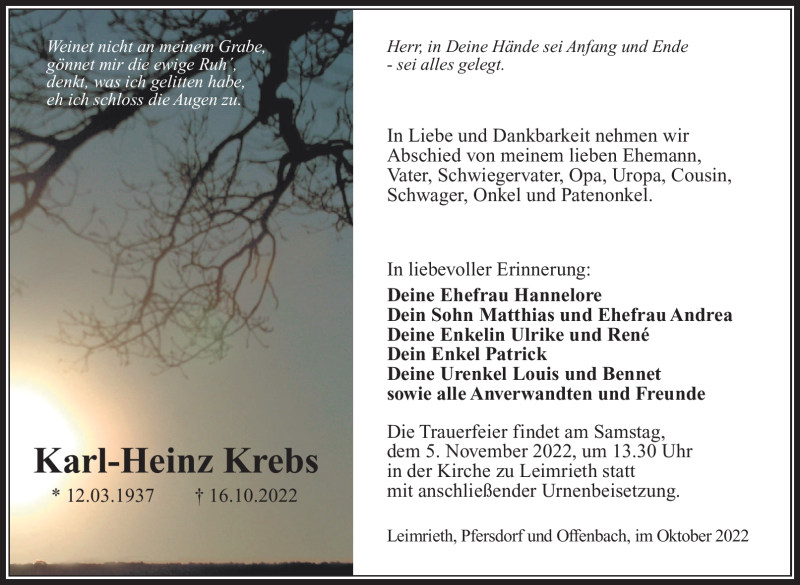  Traueranzeige für Karl-Heinz Krebs vom 22.10.2022 aus Südthüringer Presse