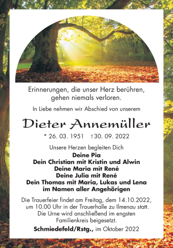 Traueranzeige von Dieter Annemüller von Südthüringer Presse