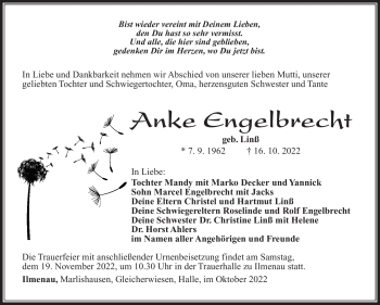 Traueranzeige von Anke Engelbrecht von Südthüringer Presse
