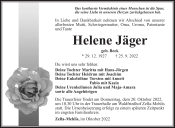 Traueranzeige von Helene Jäger von Südthüringer Presse