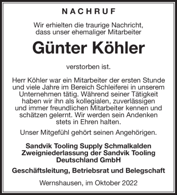 Traueranzeige von Günter Köhler von Südthüringer Presse