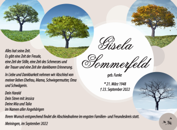 Traueranzeige von Gisela Sommerfeld von Südthüringer Presse