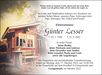 Traueranzeige von Günter Lesser von Südthüringer Presse