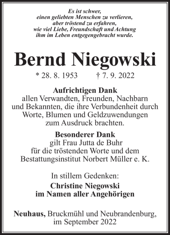 Traueranzeige von Bernd Niegowski von Südthüringer Presse