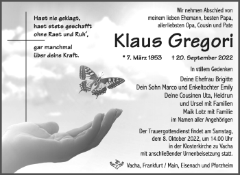 Traueranzeige von Klaus Gregori von Südthüringer Presse
