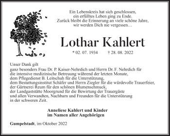 Traueranzeige von Lothar Kahlert von Südthüringer Presse