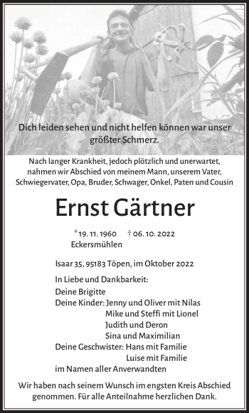 Traueranzeige von Ernst Gärtner von Frankenpost